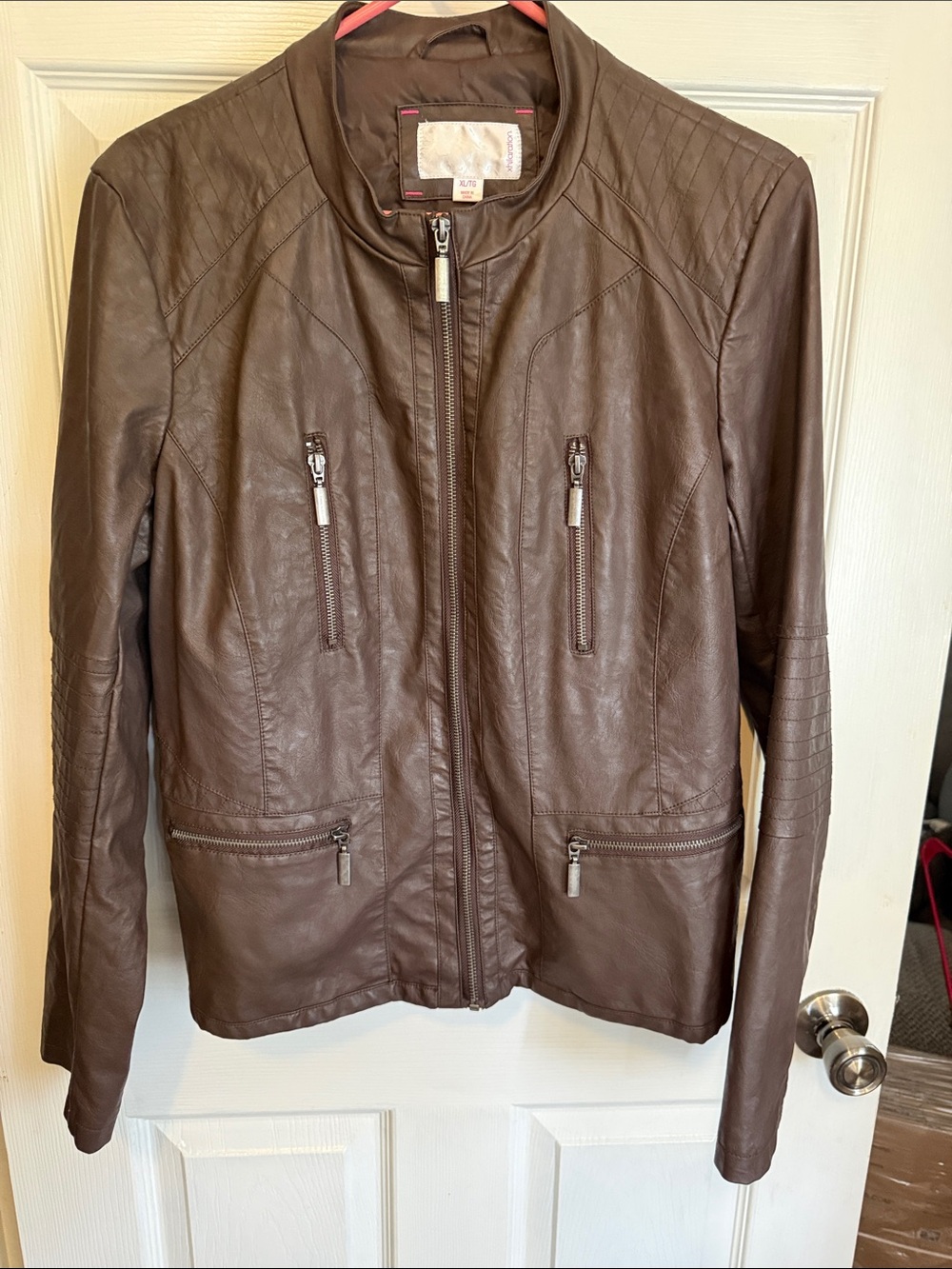 Women's Brown Faux Leather Moto Jacket with Zip Pockets